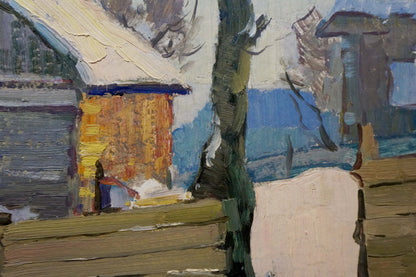 Oil painting of snowy courtyard landscape by Viktor Grigorievich Sevastyanov