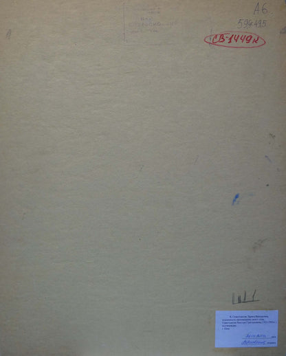 Back of Viktor Grigorievich Sevastyanov oil painting on beige textured paper with handwritten markings and blue label