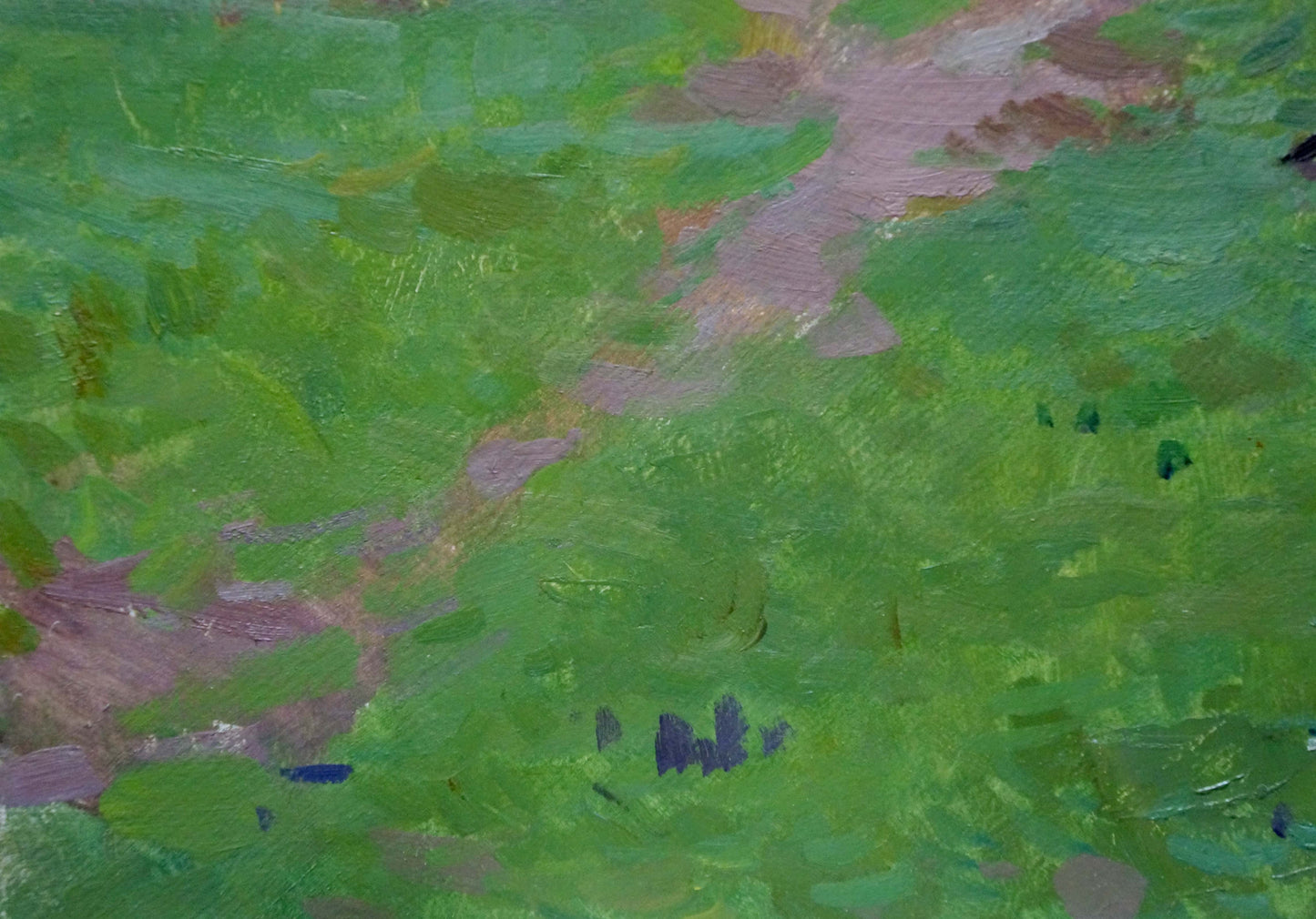 Oil painting of house in woods by Kokin Mikhail Alexandrovich, green textured canvas