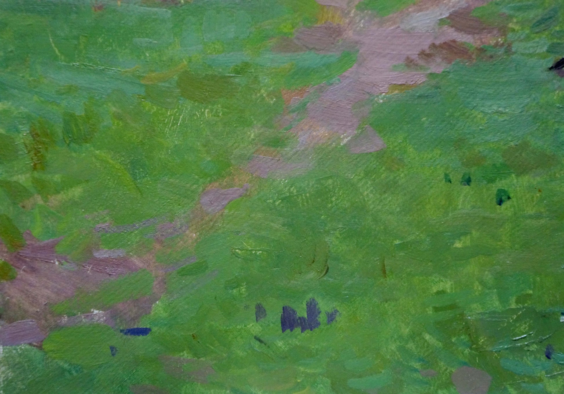 Oil painting of house in woods by Kokin Mikhail Alexandrovich, green textured canvas