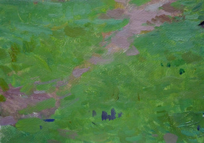 Oil painting of house in woods by Kokin Mikhail Alexandrovich, green textured canvas