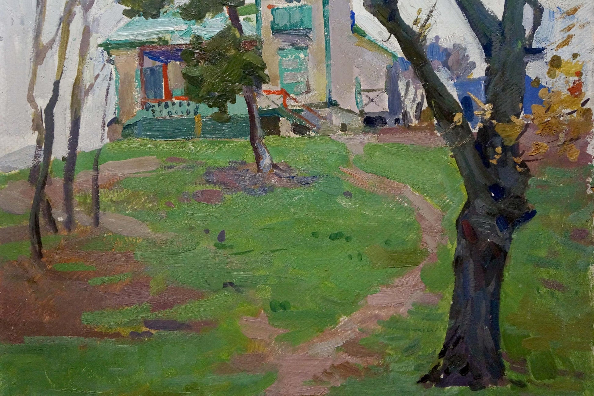 Vibrant impressionist oil painting by Kokin Mikhail Alexandrovich: house in woods