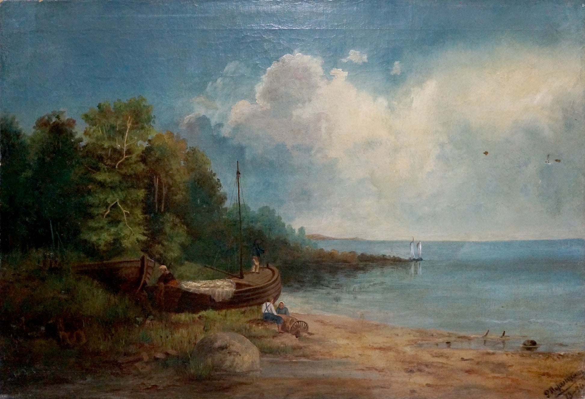 Oil painting by Lorentsev R. of rustic rowboat on sandy shore
