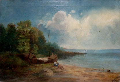 Oil painting by Lorentsev R. of rustic rowboat on sandy shore