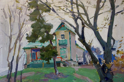 Impressionistic oil painting of quaint house in woods by Kokin Mikhail Alexandrovich