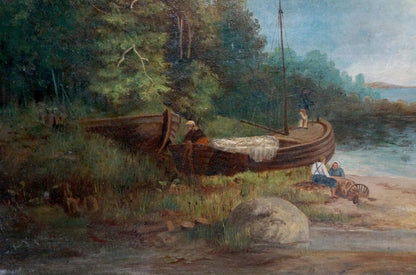 Oil painting by Lorentsev R. of weathered rowboat on grassy shore