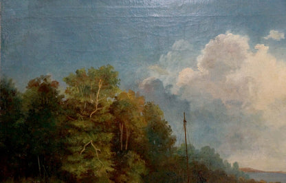 Oil painting by Lorentsev R. of serene landscape with lush trees and clouds