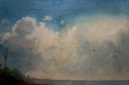 Oil painting by Lorentsev R. of people near shore with dramatic cloudy sky