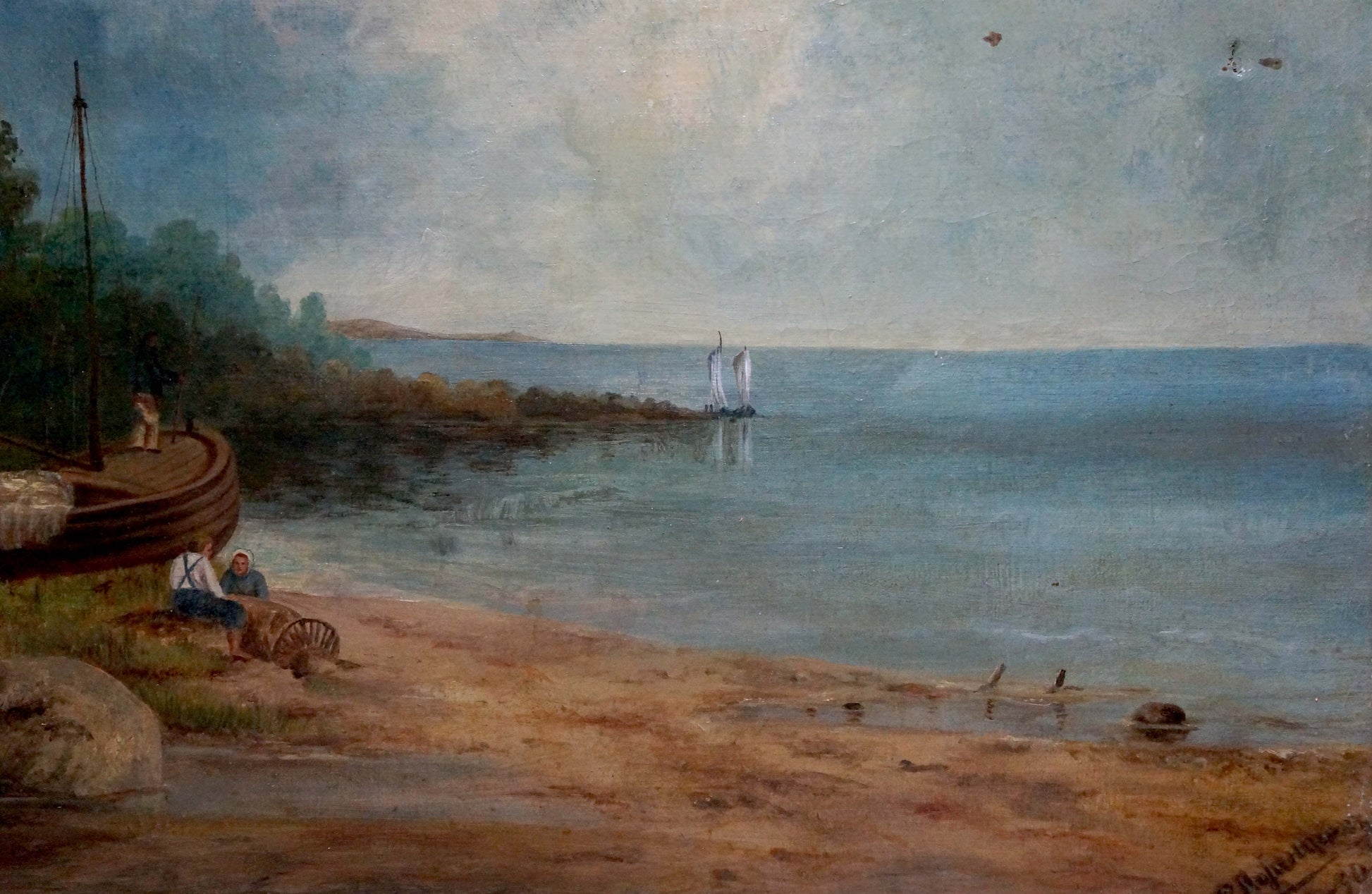 Oil painting by Lorentsev R: serene coastal scene with boat and people on shore
