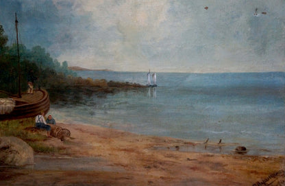 Oil painting by Lorentsev R: serene coastal scene with boat and people on shore