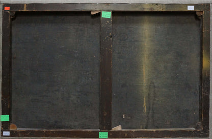 Back of Lorentsev R. oil painting in worn dark wood frame with green corner labels