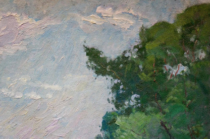 Oil painting by Sevastyanov Viktor Grigorievich: lush green tree in field landscape
