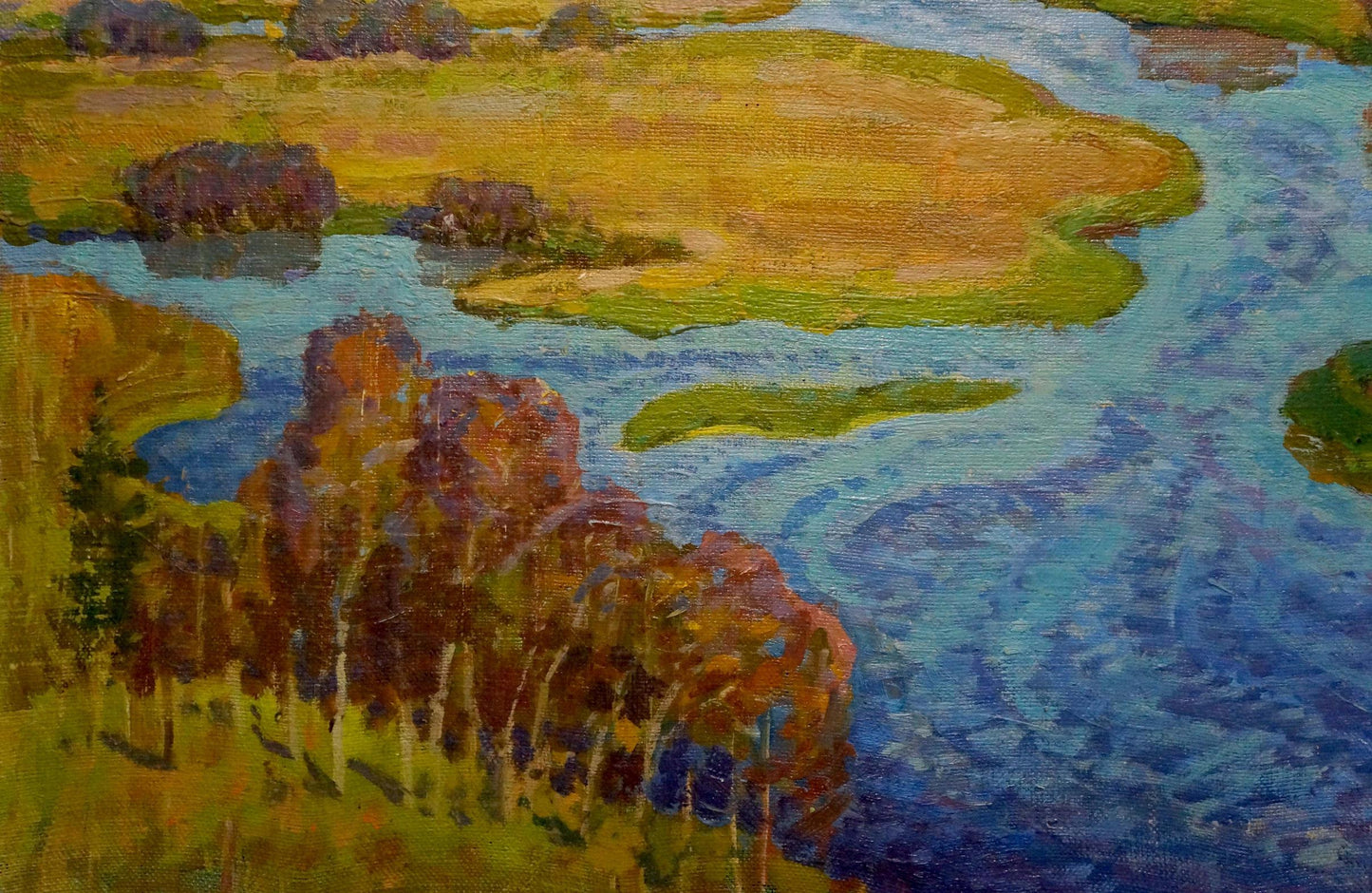 Vibrant impressionistic oil painting of winding autumn river by Grigory Ruban