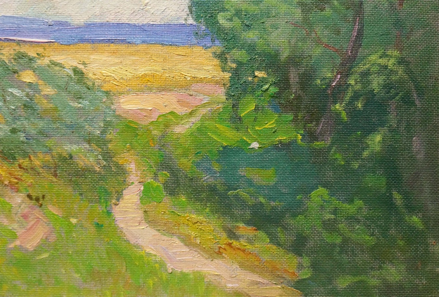 Oil painting by Sevastyanov Viktor Grigorievich: winding path through lush green field to blue horizon