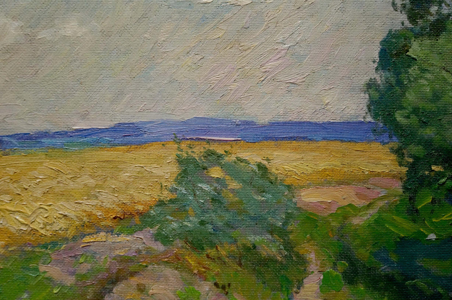 Oil painting by Sevastyanov Viktor Grigorievich: golden field under gray sky