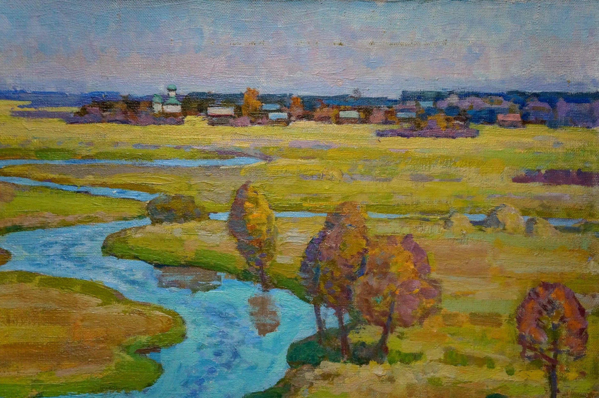 Oil painting Winding autumn river by Grigory Ruban with golden fields