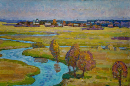 Oil painting Winding autumn river by Grigory Ruban with golden fields