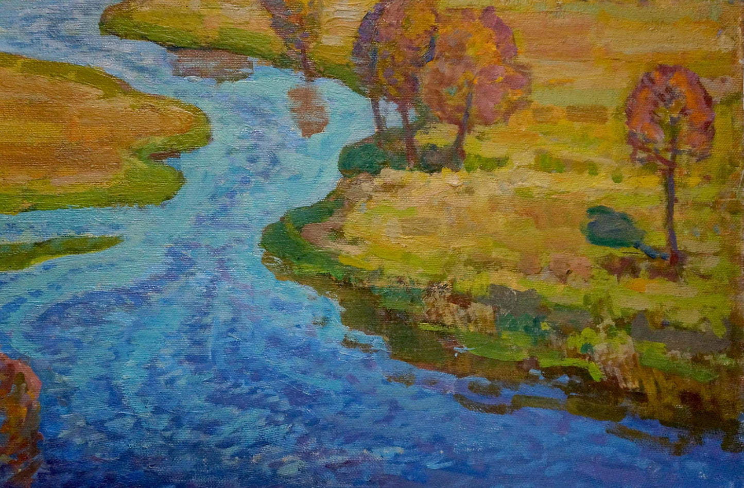 Oil painting Winding autumn river by Grigory Ruban, vibrant impressionist scene