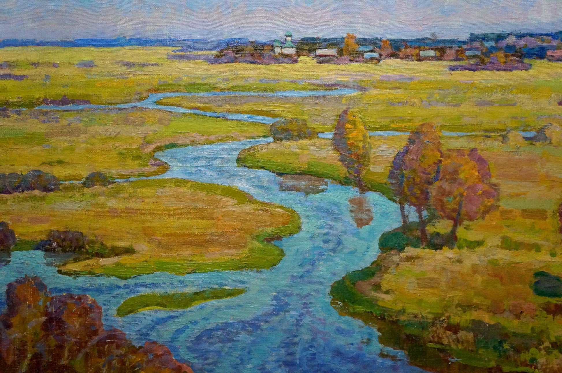 Oil painting Winding autumn river by Grigory Ruban impressionistic landscape