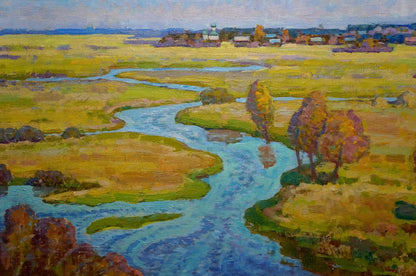 Oil painting Winding autumn river by Grigory Ruban impressionistic landscape