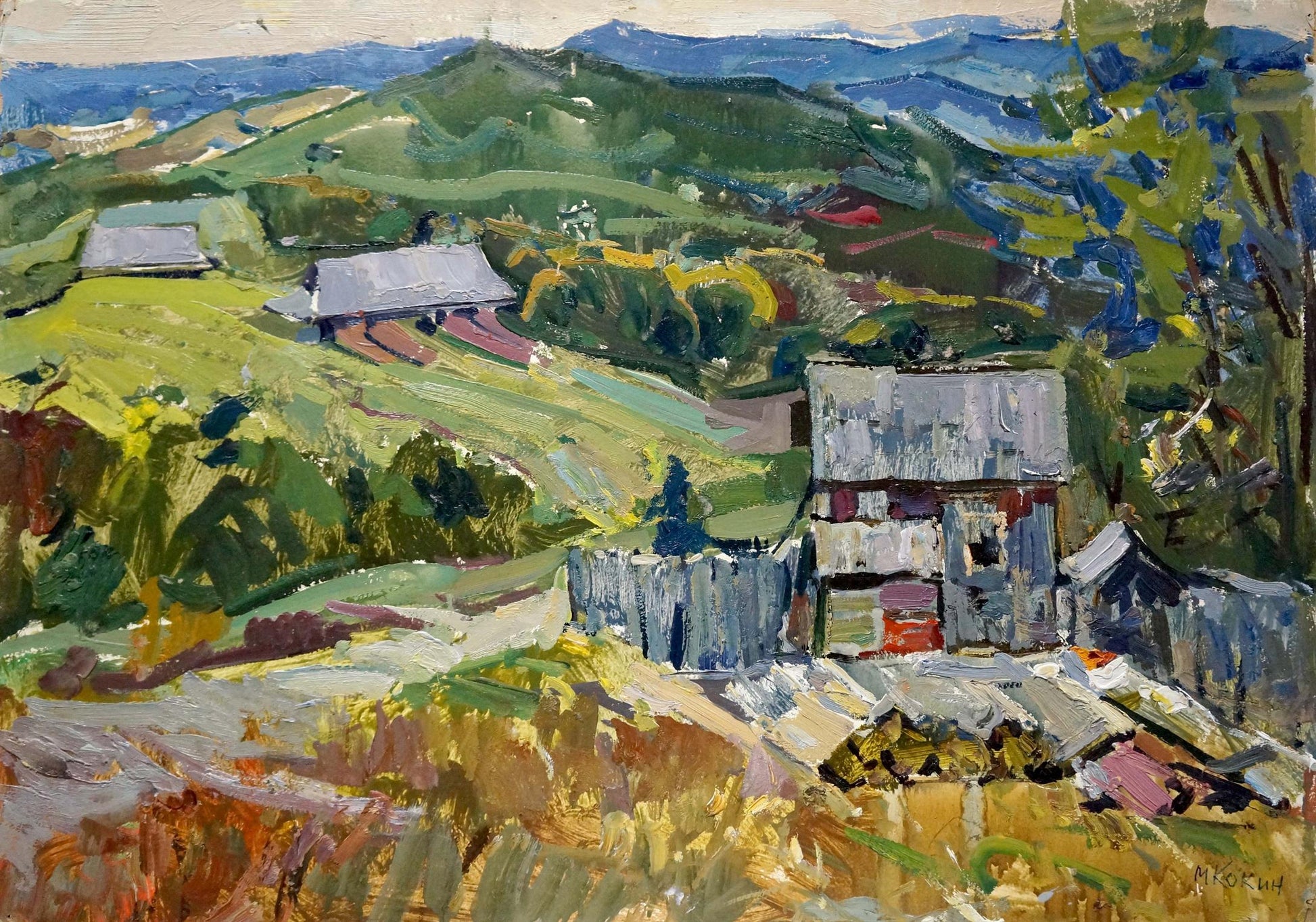 Vibrant impressionist oil painting by Kokin Mikhail Alexandrovich: green hills, rustic village