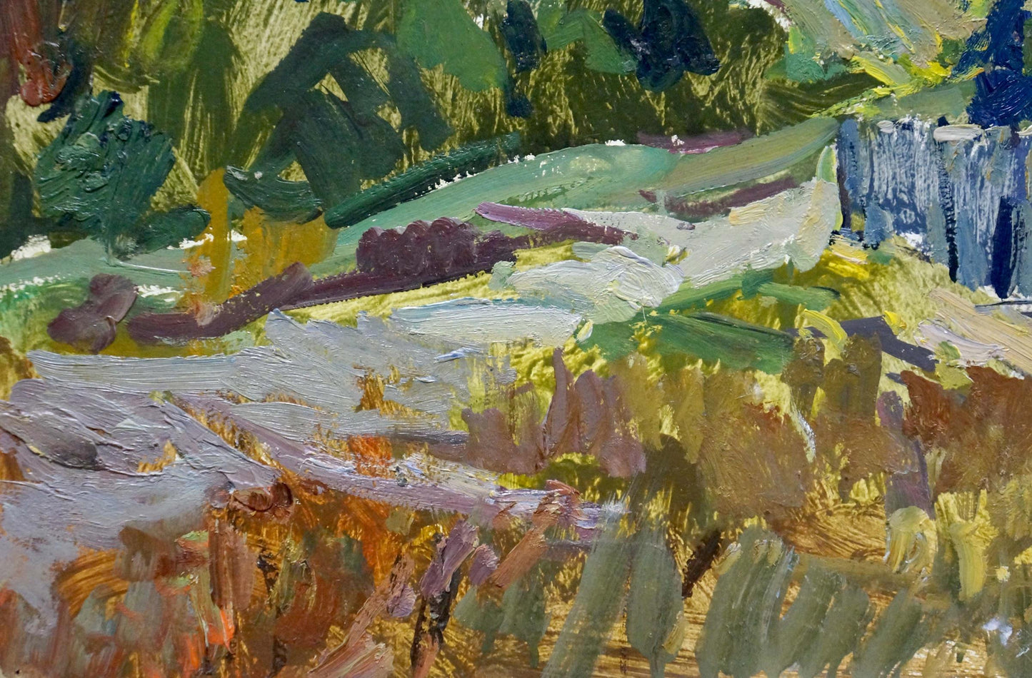 Vibrant impressionist village landscape oil painting by Kokin Mikhail Alexandrovich