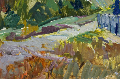 Vibrant impressionist village landscape oil painting by Kokin Mikhail Alexandrovich