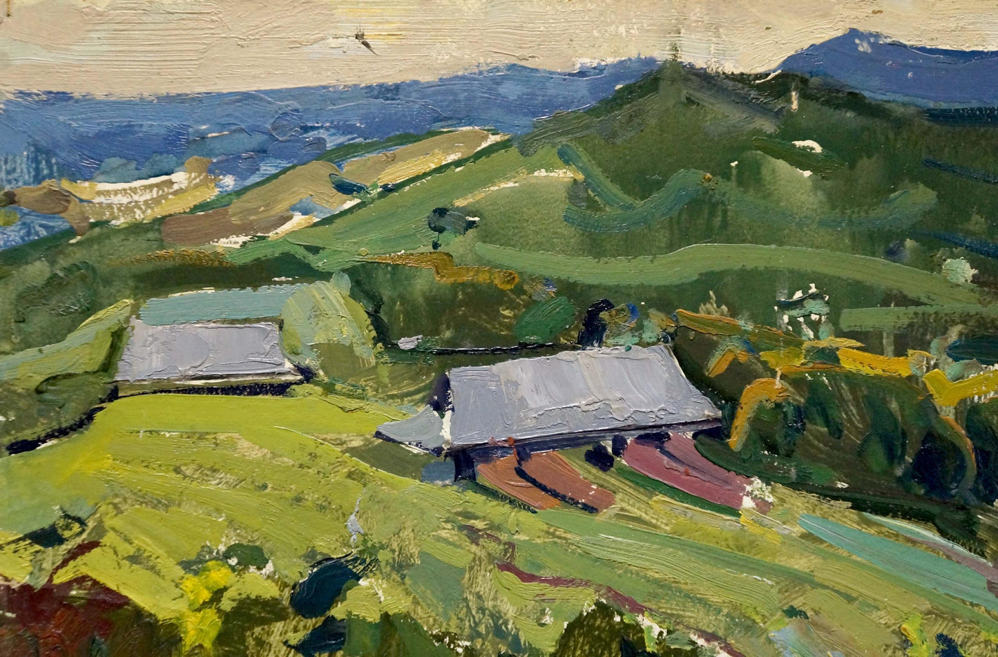 Vibrant impressionist oil painting of village landscape by Kokin Mikhail Alexandrovich