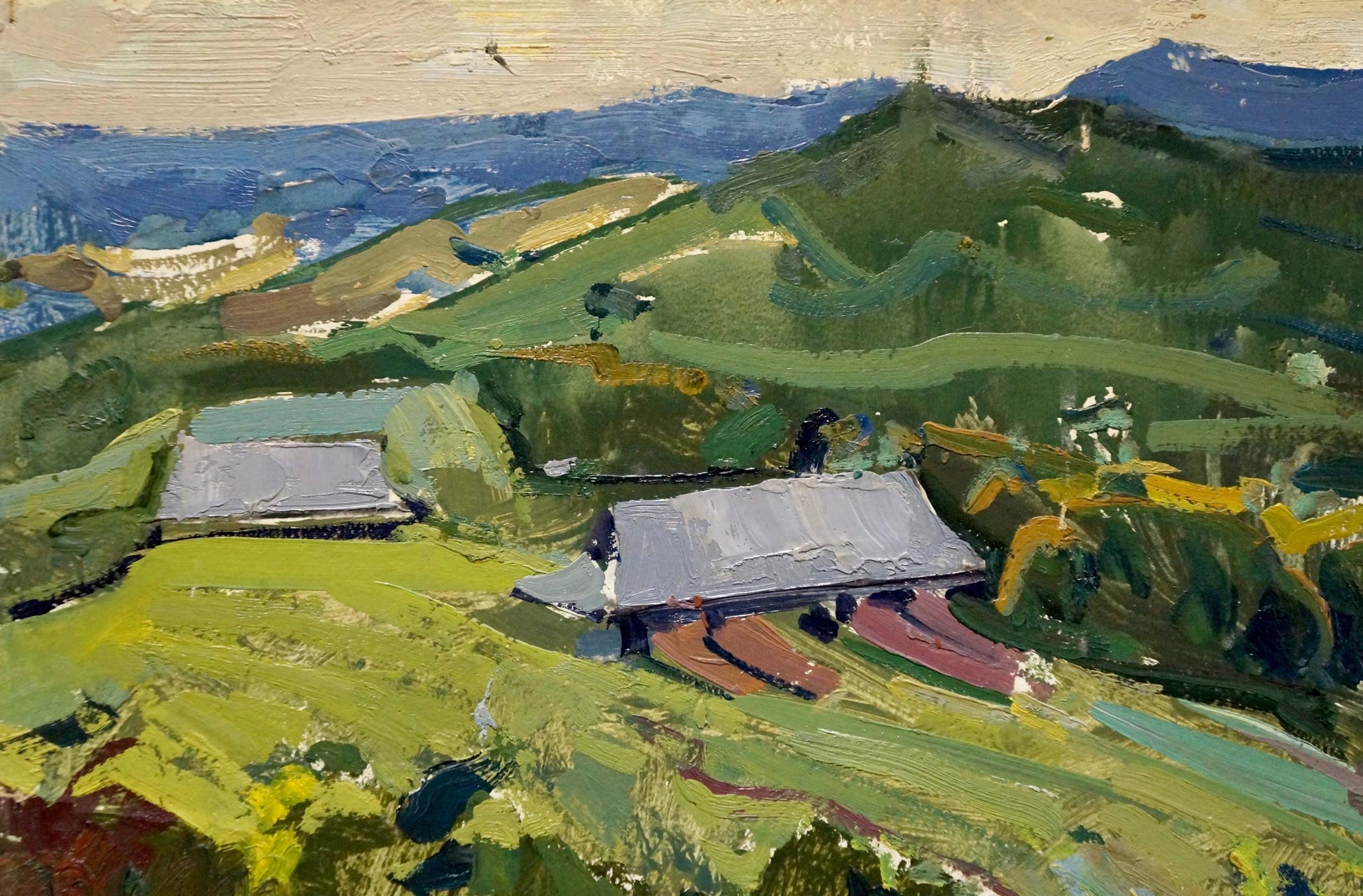 Vibrant impressionist oil painting of village landscape by Kokin Mikhail Alexandrovich