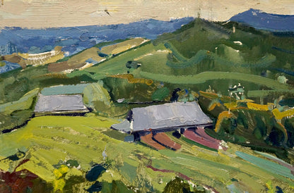 Vibrant impressionist oil painting of village landscape by Kokin Mikhail Alexandrovich
