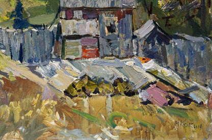 Vibrant impressionist oil painting of rustic village landscape by Kokin Mikhail Alexandrovich