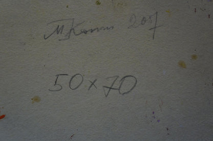 Back of Kokin Mikhail Alexandrovich oil painting with handwritten signature and dimensions in black ink on textured off-white surface