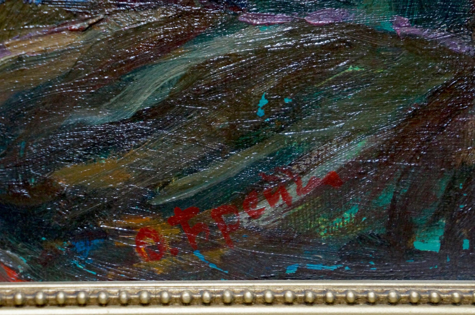 Oil painting of mountains landscape by Brendel Olga Vladimirovna with textured dark green teal brown swirls