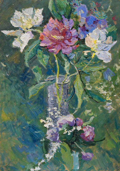 Vibrant impressionistic oil painting of garden bouquet in textured gray vase
