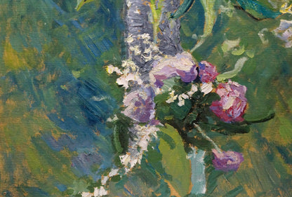 Vibrant impressionist oil painting of vase with purple pink roses in garden