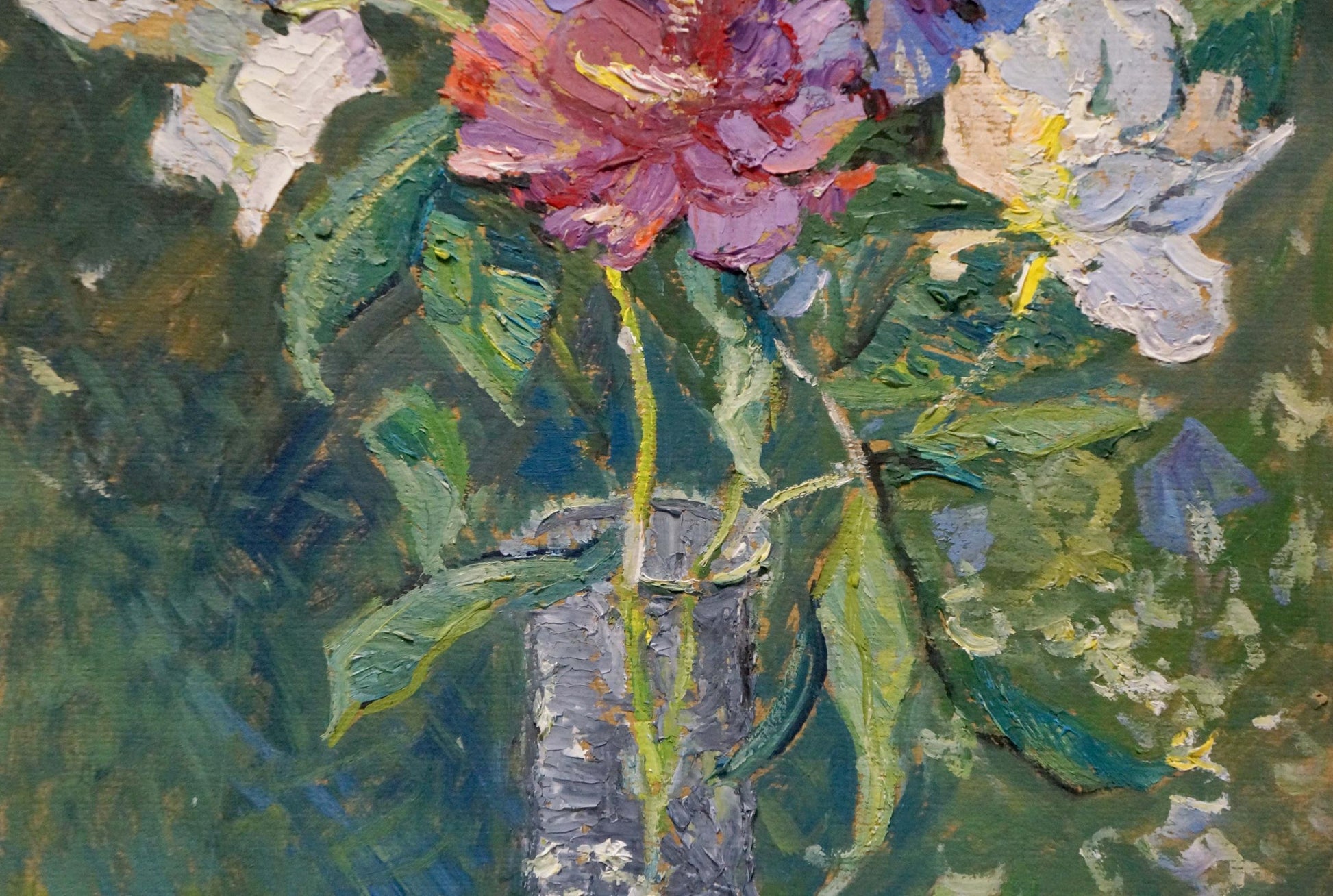 Oil painting of vibrant pink peony in grayish-blue vase by unknown artist