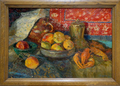 Oil painting by Baghramyan Movses Movsesovich: still life with fruits, pitcher, crabs