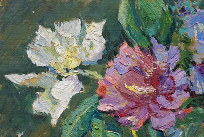 Vibrant purple pink peony oil painting in garden vase with lush green foliage
