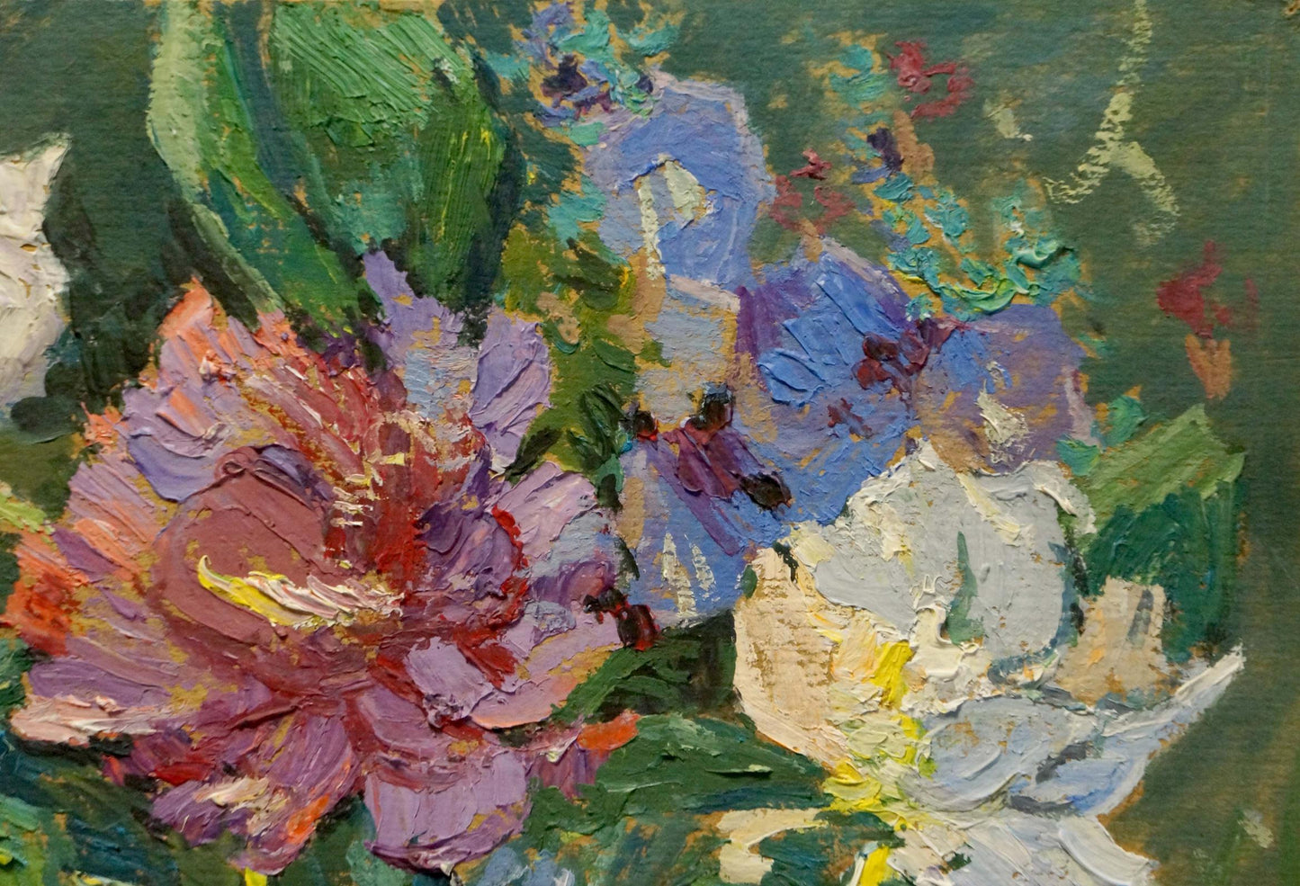 Vibrant oil painting of purple pink peony vase with garden flowers