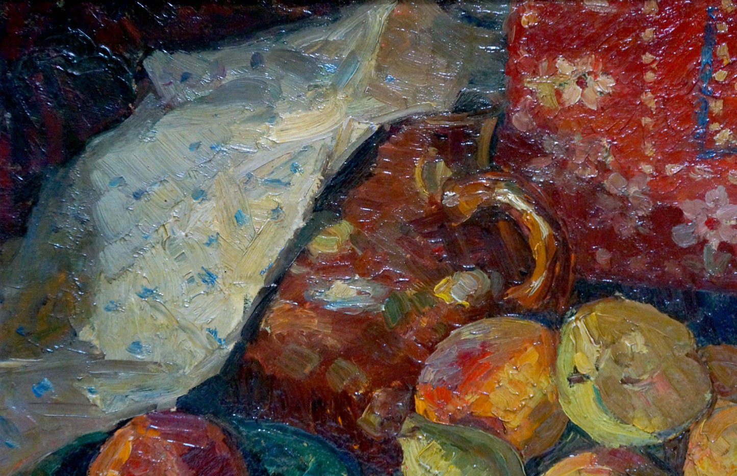 Textured reddish-brown ceramic jug in Baghramyan Movses Movsesovich oil painting still life with fruit