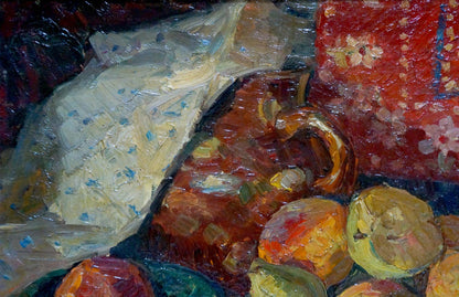 Textured reddish-brown ceramic jug in Baghramyan Movses Movsesovich oil painting still life with fruit
