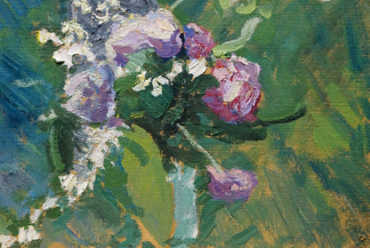 Vibrant impasto oil painting of vase with purple white garden flowers
