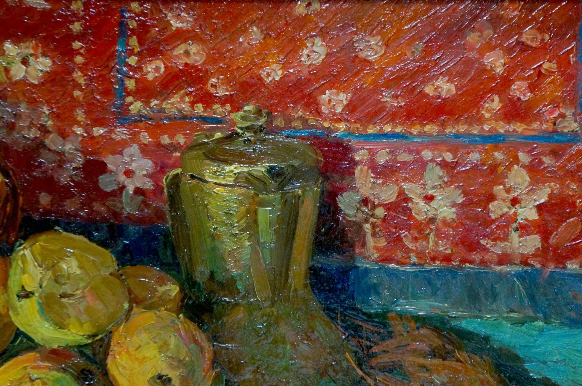 Oil painting of golden textured metal pitcher by Baghramyan Movses Movsesovich on red floral backdrop