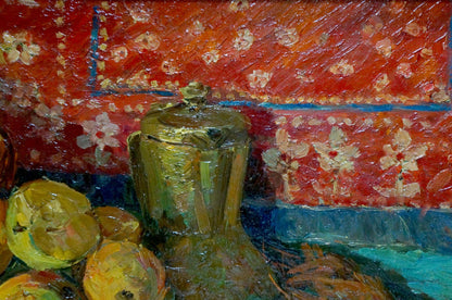 Oil painting of golden textured metal pitcher by Baghramyan Movses Movsesovich on red floral backdrop