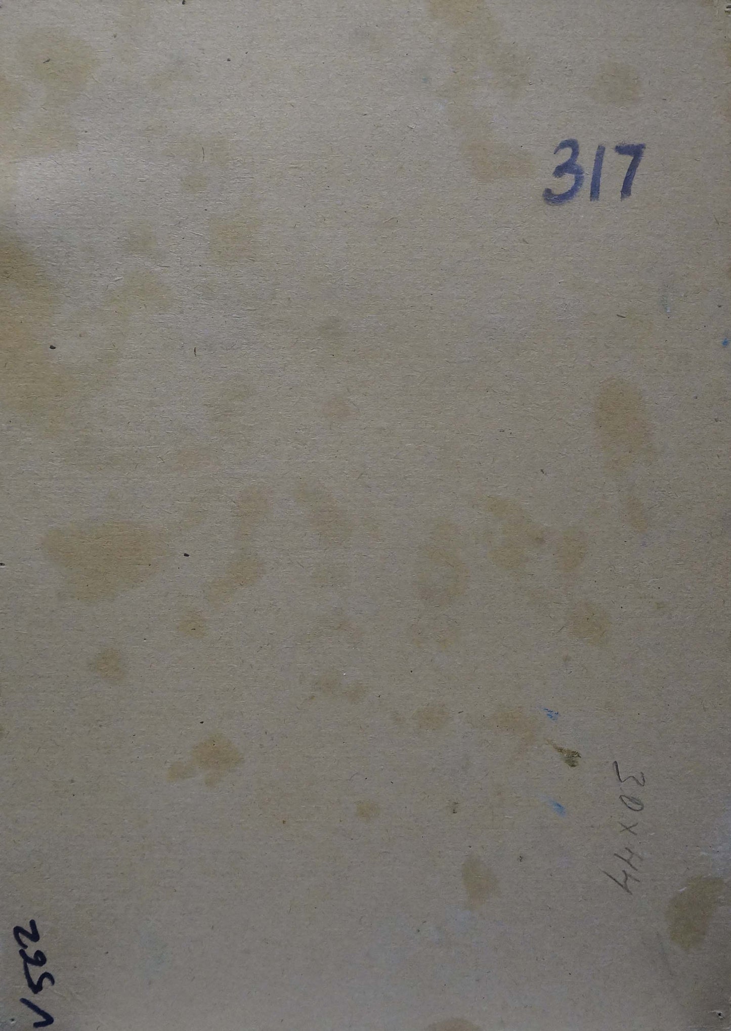 Back of oil painting Vase with flowers in the garden, off-white with stains and blue ink markings