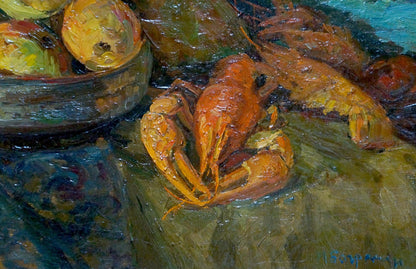 Oil painting by Baghramyan Movses Movsesovich: vibrant orange crayfish on reflective surface