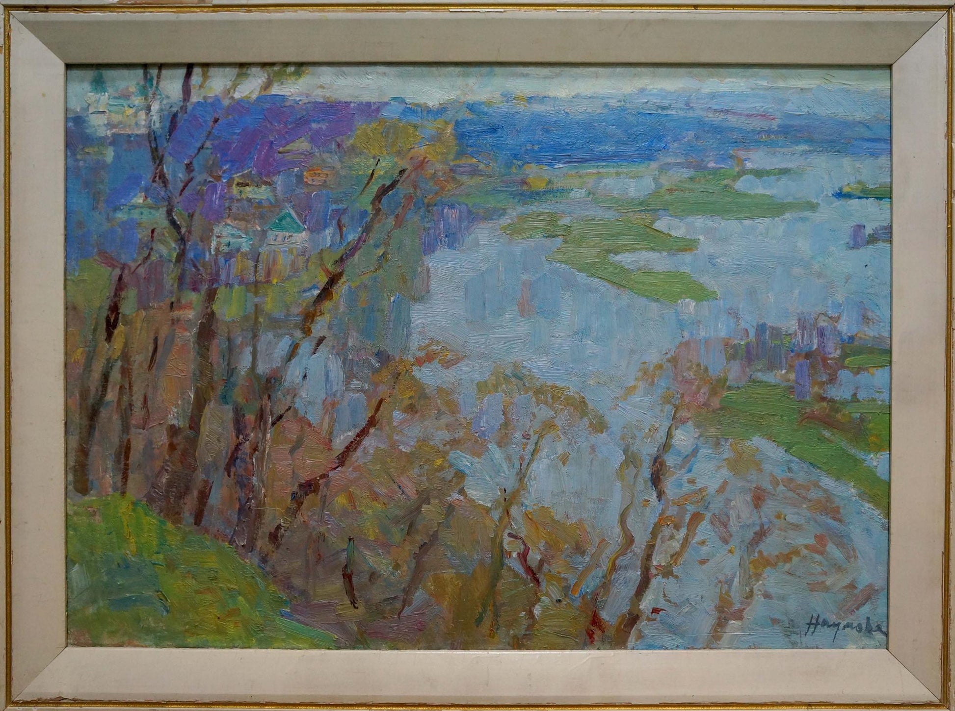 Oil painting Spring day by Naumova Tamara Sergeevna, vibrant blue river landscape