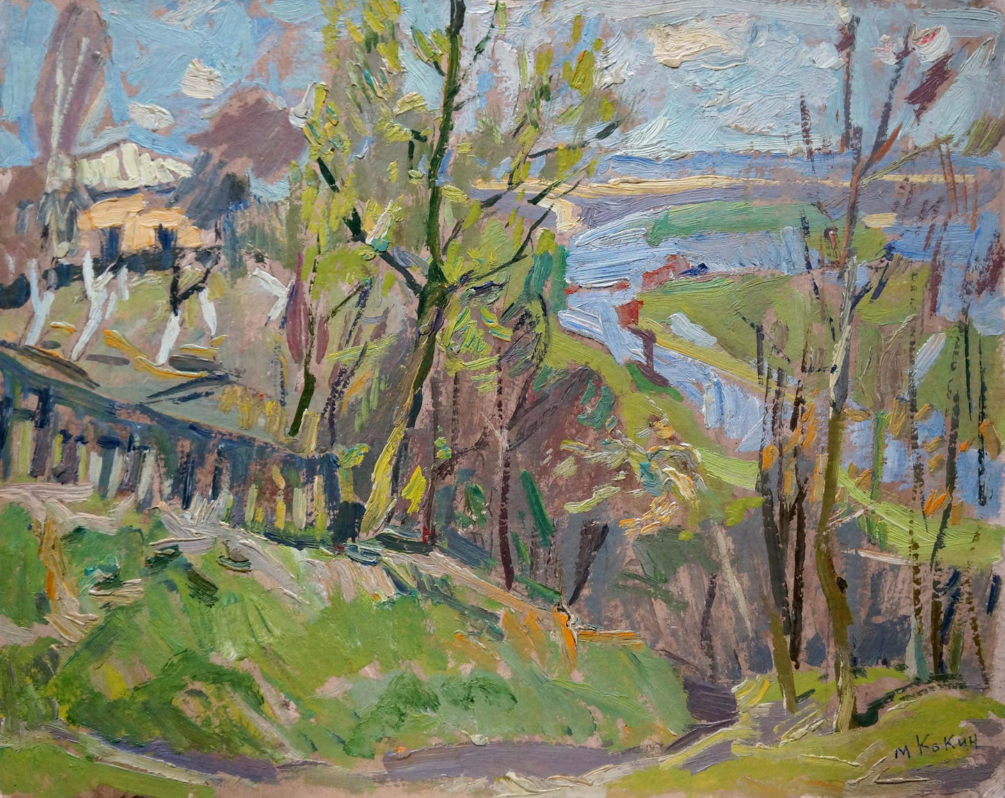 Impressionistic oil painting by Kokin Mikhail Alexandrovich: house over river