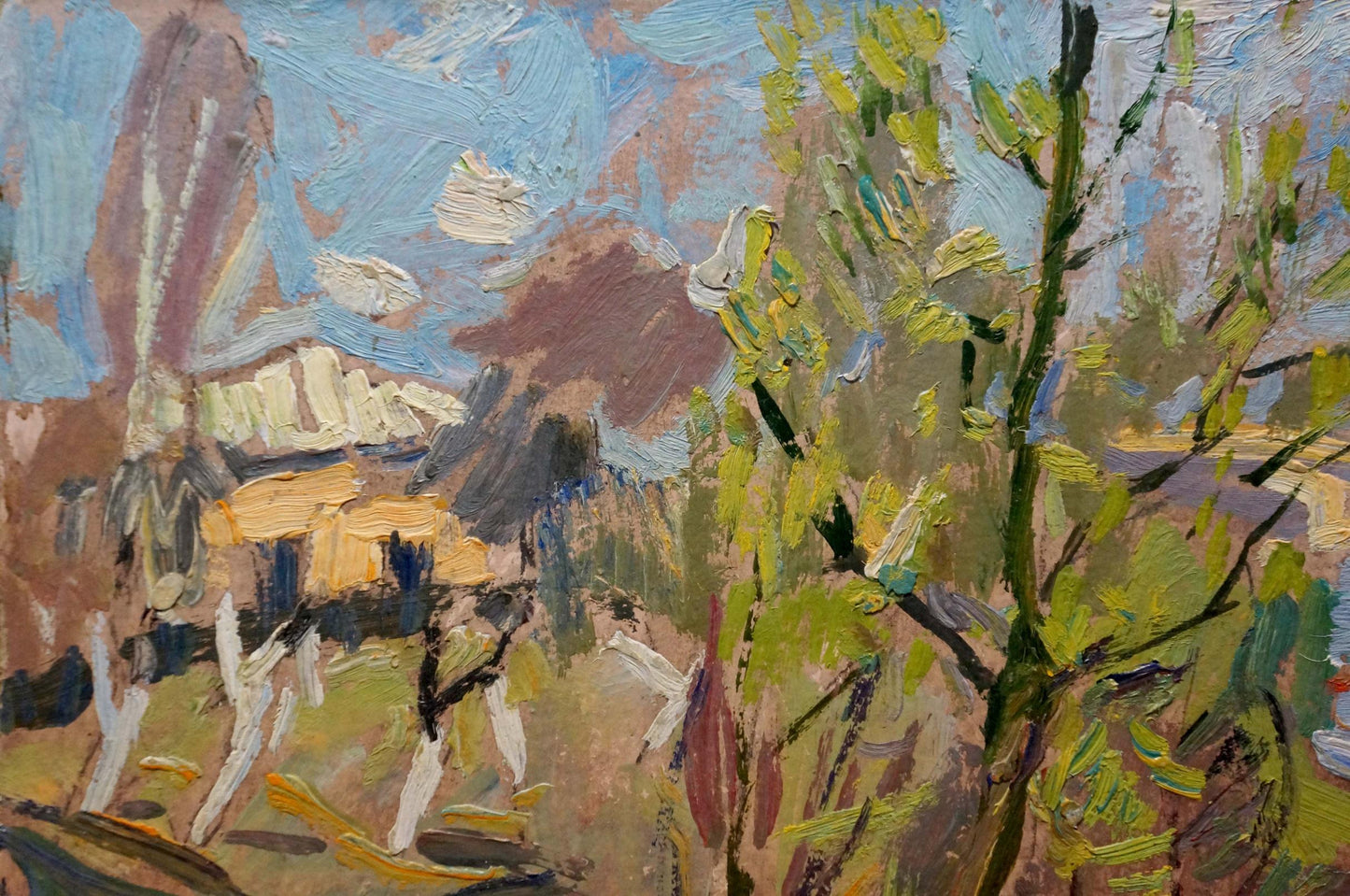 Impressionistic oil painting of house over river by Kokin Mikhail Alexandrovich