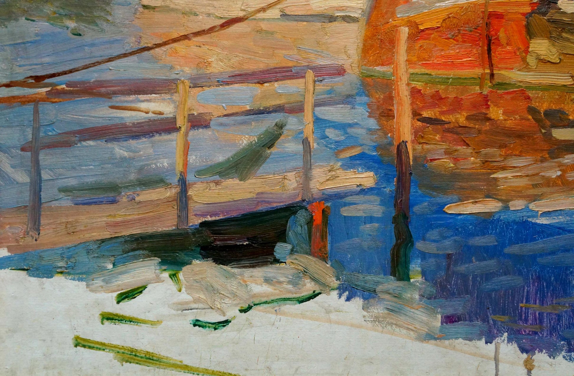 Vibrant impressionist oil painting by Khodchenko Lev Pavlovich: pier in orange and blue